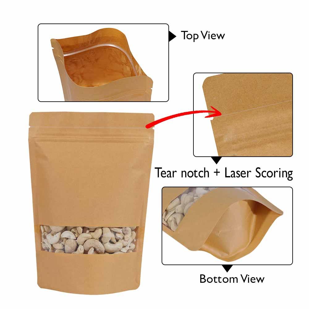 Stand Up Pouch Kraft Rectangle Window with Zip no Valve 1kg, Carton 500 - SSP