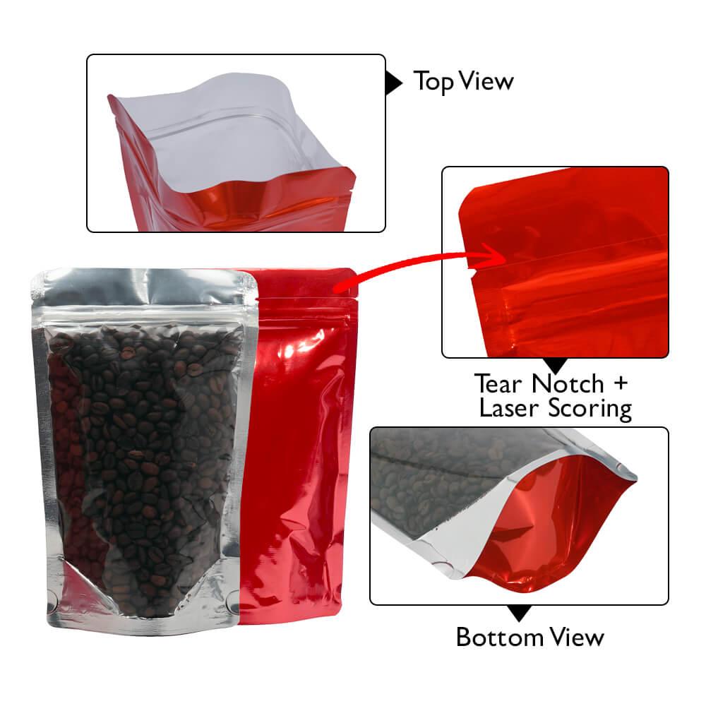 Stand Up Pouch Clear/Shiny Red 100g w Zip no Valve 120w x 200h x (40 + 40)g