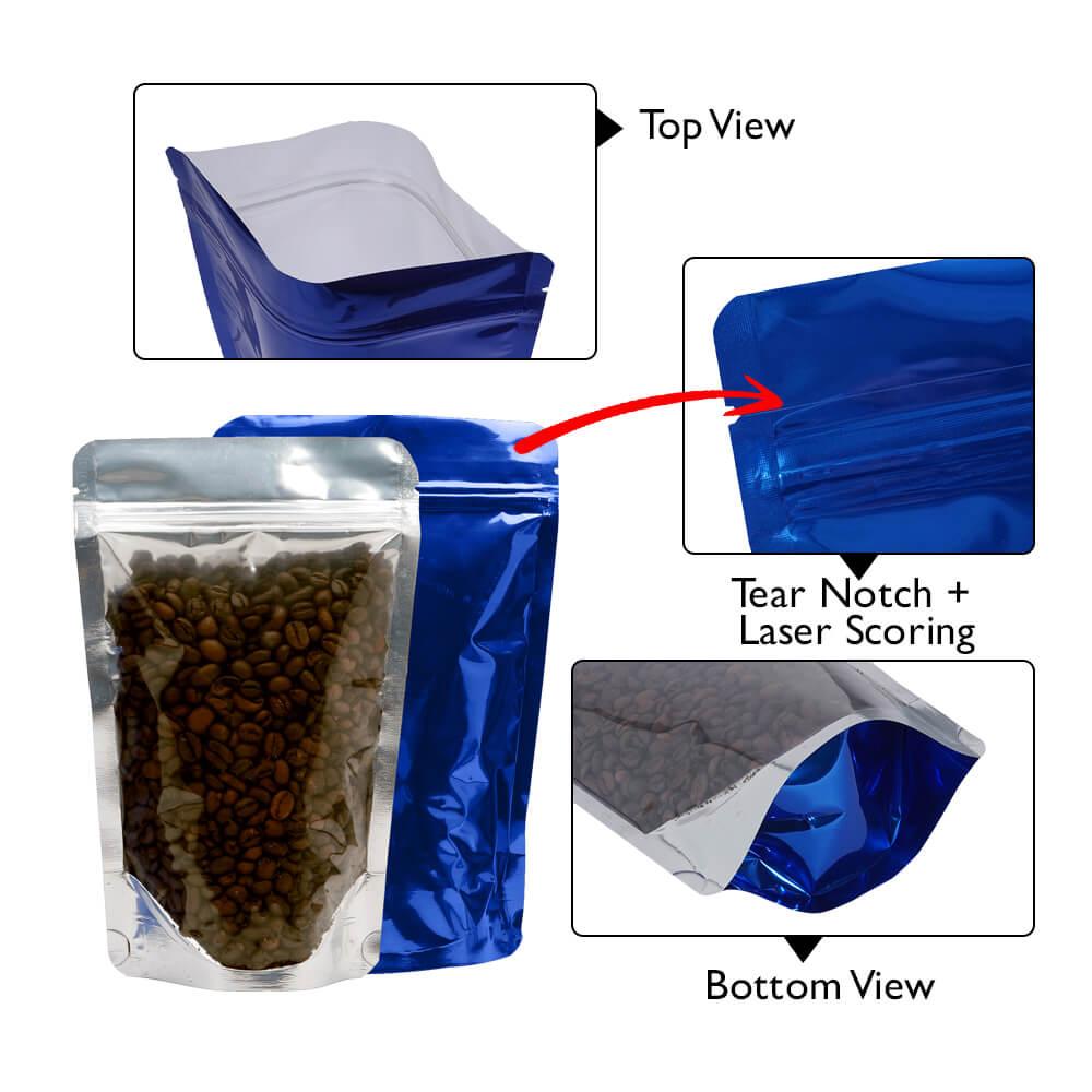 Stand Up Pouch Clear/Shiny Blue 150g w Zip no Valve 130w x 210h x (40 + 40)g