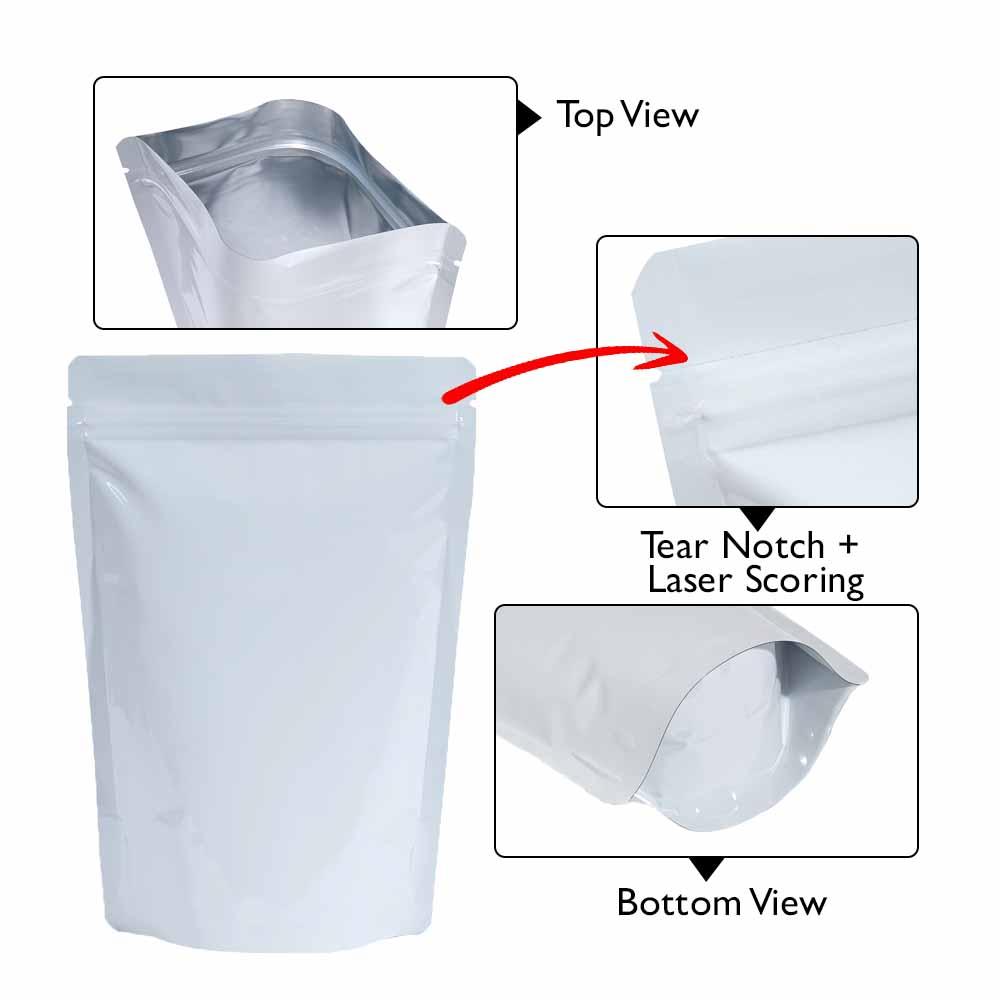 Stand Up Pouch 500g Shiny White both sides with Zip, No Valve, 190w x 265h x (55 + 55)g