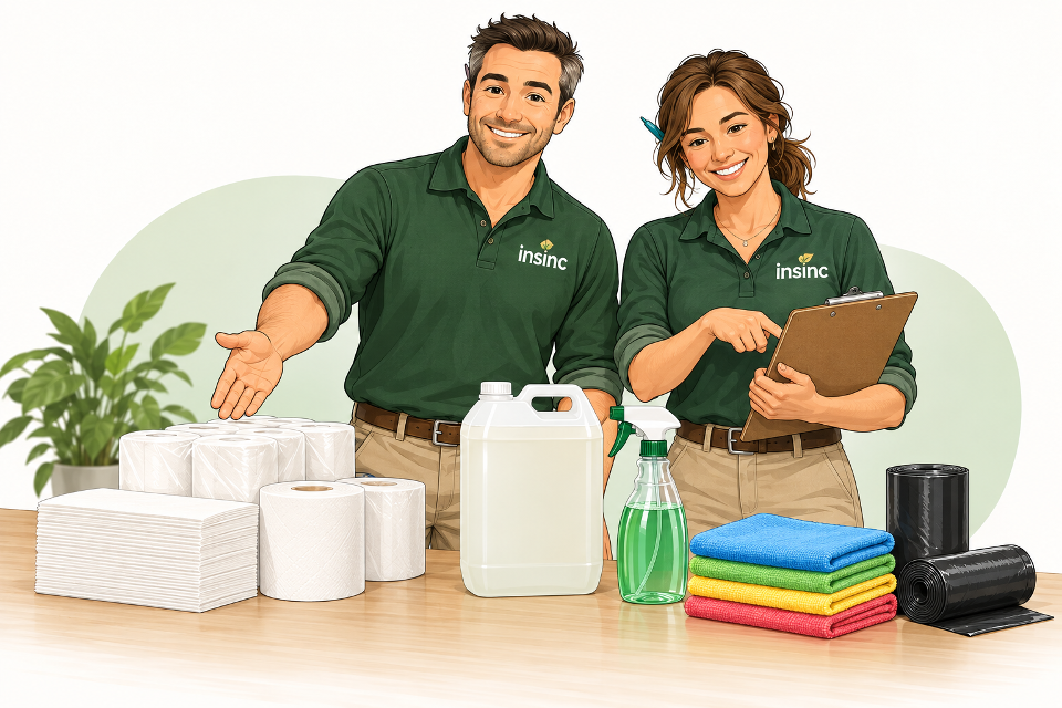Alex and Alex reviewing a workplace supplies checklist with paper towels, toilet rolls, soap, cleaning cloths and bin liners